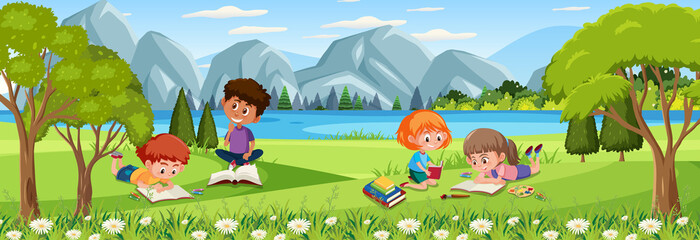 Outdoor scene with many kids reading book at the nature park