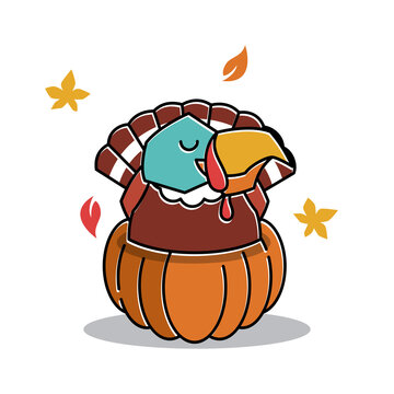 Turkey Bird Farm Sit on Pumpkin Thanksgiving Autumn Fall Character Cartoon