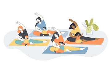Group yoga class for moms with children. Mothers and babies doing yoga exercises together flat vector illustration. Family, sports, healthy lifestyle concept for banner, website design or landing page