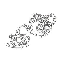 Single continuous line drawing teapot for tea drinking pours hot water into cup. Breakfast utensils. Black and white vector. Swirl curl style. Dynamic one line draw graphic design vector illustration