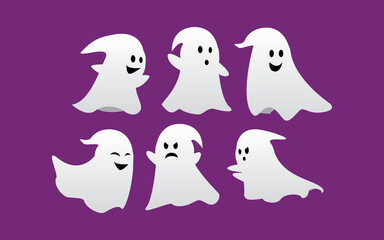 Halloween ghosts Set. Spooky White Ghost Fly cute evil horror silhouette for scary October holiday design, flat vector isolated icon set
