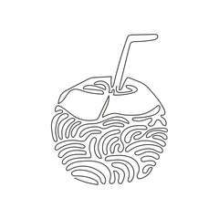 Single continuous line drawing green coconut water drink with drinking straw. Summer tropical dessert food and drink menu. Swirl curl style. Dynamic one line draw graphic design vector illustration
