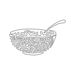 Single continuous line drawing corn flakes, cereal and milk splash in bowl. Healthy breakfast for children in the morning. Swirl curl style. Dynamic one line draw graphic design vector illustration