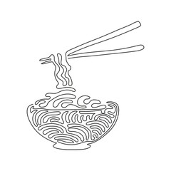 Single one line drawing noodle in bowl. Asian ramen oriental, traditional Chinese restaurant with pasta and chopsticks. Swirl curl style. Modern continuous line draw design graphic vector illustration