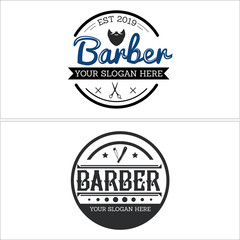 Barber shop hairstyle scissor straight razor logo design