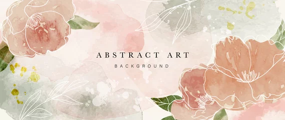 Schilderijen op glas Geschilderde Bloemen Herfst bloem aquarel kunst achtergrond vector. Behangontwerp met bloemenverfpenseellijntekeningen. bladeren en bloemen natuur ontwerp voor dekking, kunst aan de muur, uitnodiging, stof, poster, canvas print.  © TWINS DESIGN STUDIO
