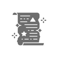 Magic spell scroll, unrolled paper certificate grey icon.