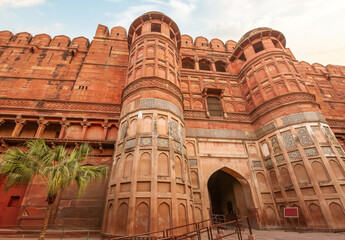 Agra Fort gateway built with red sandstone and marble in the year 1573 by the Mughal dynasty known...