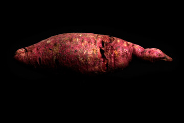 red sweet potato tubers isolated on black background