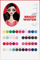 Seasonal color analysis palette for Bright Winter vector chart with arranged swatches. Cool coloring type for personal image making. Includes swatches of coordinated fashion industry colors.