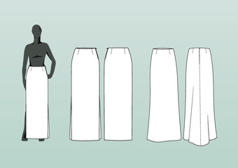 FITTED SKIRT, LONG. Fashion design technical flat sketch template for product instructions. Easy to edit, front and back view.