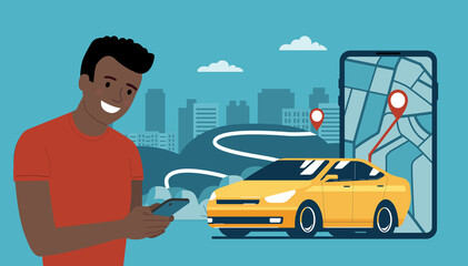Young afro man uses a car rental or taxi service on her smartphone. Vector illustration.