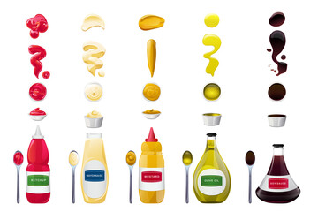 Big sauce in bottles and splashes set. Soy, Olive Oil, Mustard, Ketchup and Mayonnaise sauces. Condiment elements for food design.