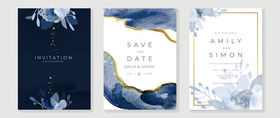 Blue and navy indigo floral and gold watercolor wedding invitation vector set. Luxury background and template layout design for invite card, luxury invitation card and cover template.