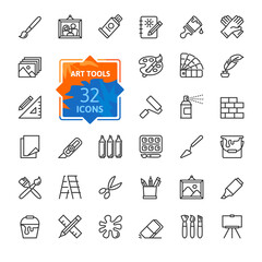 Paint art tools, design - thin line web icon set. Contains such Icons as Spray, Color palette, Paint Bucket and more. Outline icons collection. Simple vector illustration. - 454670362