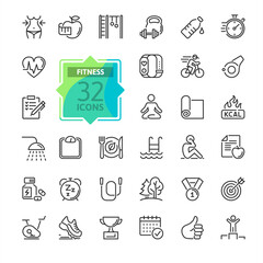 Web Set of Fittness Vector Thin Line Icons. Contains such Icons as Healthy Lifestyle, Weight Training, Body care and more. Outline icons collection. Simple vector illustration.