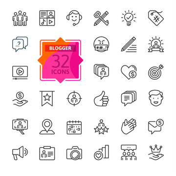 Blogger, blogging, blog -  thin line web icon set. Contains such Icons as Premium Content, Followers, Personal Brand and more. Outline icons collection. Outline icons collection. Simple vector illustr