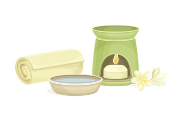 Spa and Aromatherapy with Burning Candle and Rolled Towel Vector Composition