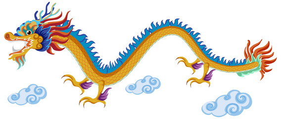 Chinese dragon flying over clouds isolated on white background
