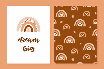 Illustration and seamless pattern with cute rainbow. Baby shower set