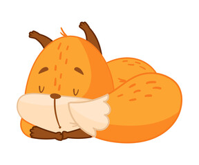 Funny Orange Squirrel Character with Bushy Tail Cuddling and Sleeping Vector Illustration