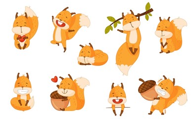 Funny Orange Squirrel Character with Bushy Tail Cuddling and Embracing Acorn Vector Set