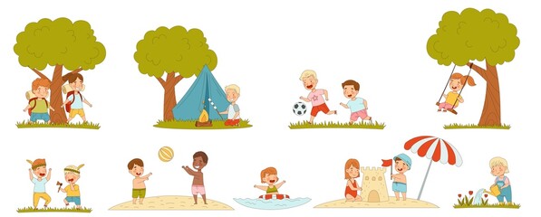Obraz na płótnie Canvas Children Enjoying Summer Camping and Playing Ball on Beach Vector Set