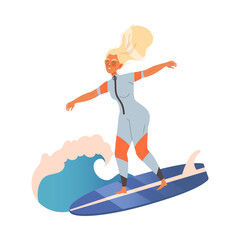 Woman Surfer Character on Surf Board Riding Moving Wave of Water Vector Illustration