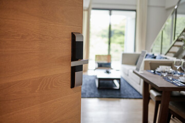 Digital door lock for house, hotel or apartment door. Electronic door handle for smart life style