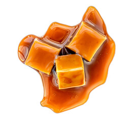 Caramel candies with caramel sweet sauce isolated on a white background close up. .
