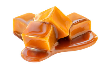Caramel candies with caramel sweet sauce isolated on a white background close up. .