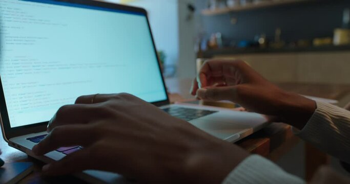 programmer woman hands using laptop computer typing programming code software engineer student developing javascript coding mobile app on keyboard