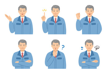 作業着のシニア男性社長　表情パターンセット