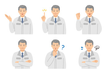 作業着のシニア男性社長　表情パターンセット