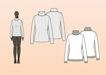 RIB KNIT SWEATER, FITTED, POLO NECK. Fashion design technical flat sketch template for product instructions. Easy to edit, front and back view.
