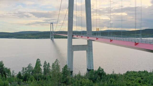 Beautiful drone footage over H&ouml;ga Kusten bridge Sweden. High Coast.