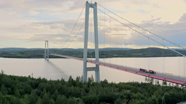H&ouml;ga Kusten bridge Sweden. High Coast, 4k drone shot,