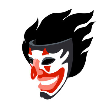 a smiling joker mask with a flame, the concept of a stand-up comedian and black humor, a color vector illustration isolated on a white background in a cartoon style and a flat design