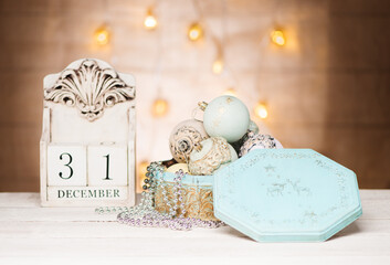 Concept background new year 2022. Holiday card with Christmas vintage balls and desk calendar