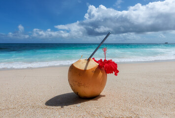 Fresh coconut with tropical juice on tropical beach