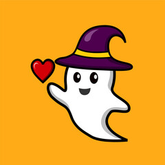vector cartoon cute ghost with heart. orange background cute ghost icon for halloween.