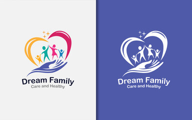 Happy Colorful Family Combined with Abstract Loving Hearth and Hand Shape Logo Design. Vector Logo Illustration