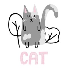 Childish hand-drawn illustration of a gray cat. Illustration of a cute cat near the bushes. The illustration is suitable for prints, posters and postcards.