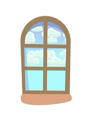 Arch window. Round top rectangular frame. With windowsill. Sky clouds Landscape view. Day. Isolated object on a white background. Cartoon style. Flat design. Vector