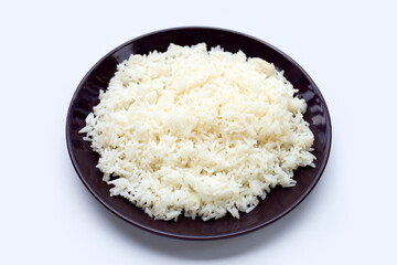 Dish of rice on white background.