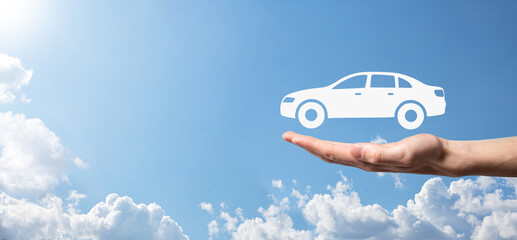 Digital composite of Man holding car icon.Car automobile insurance and car services concept....