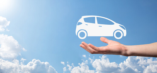 Digital composite of Man holding car icon.Car automobile insurance and car services concept....