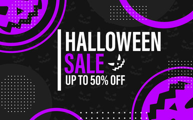 Modern trend minimalistic memephis background with geometric contrasting elements, circles and dots and text Halloween Sale discount 50 percent off. Monsters. 