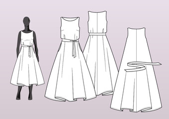 MAXI DRESS, ALINE + BELT. Fashion design technical flat sketch template for product instructions. Easy to edit, front and back view.