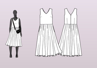 SUMMER DRESS, BELL HEM WITH SHIRRING. Fashion design technical flat sketch template for product instructions. Easy to edit, front and back view.